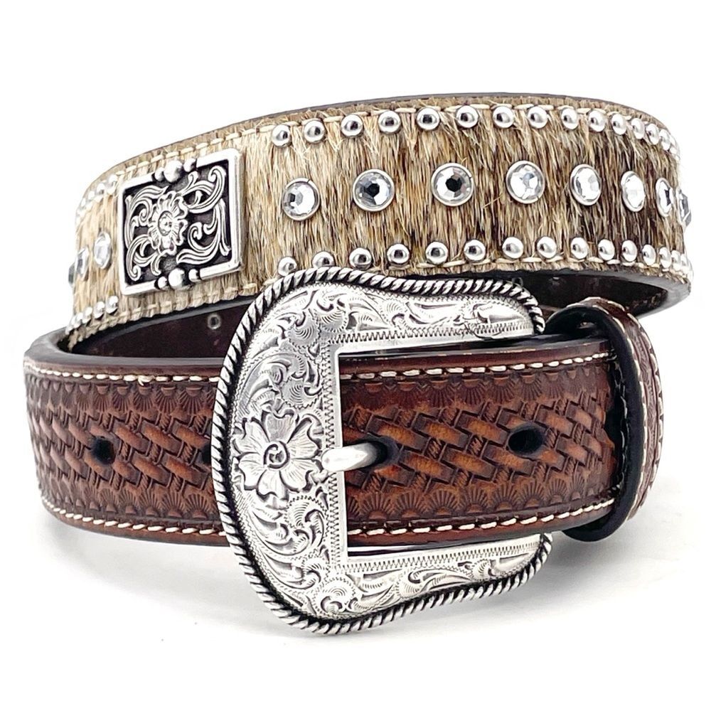 Nocona Brown Tooled Leather Belt Hair-On Cowhide Rhinestone Boho Western Size 28